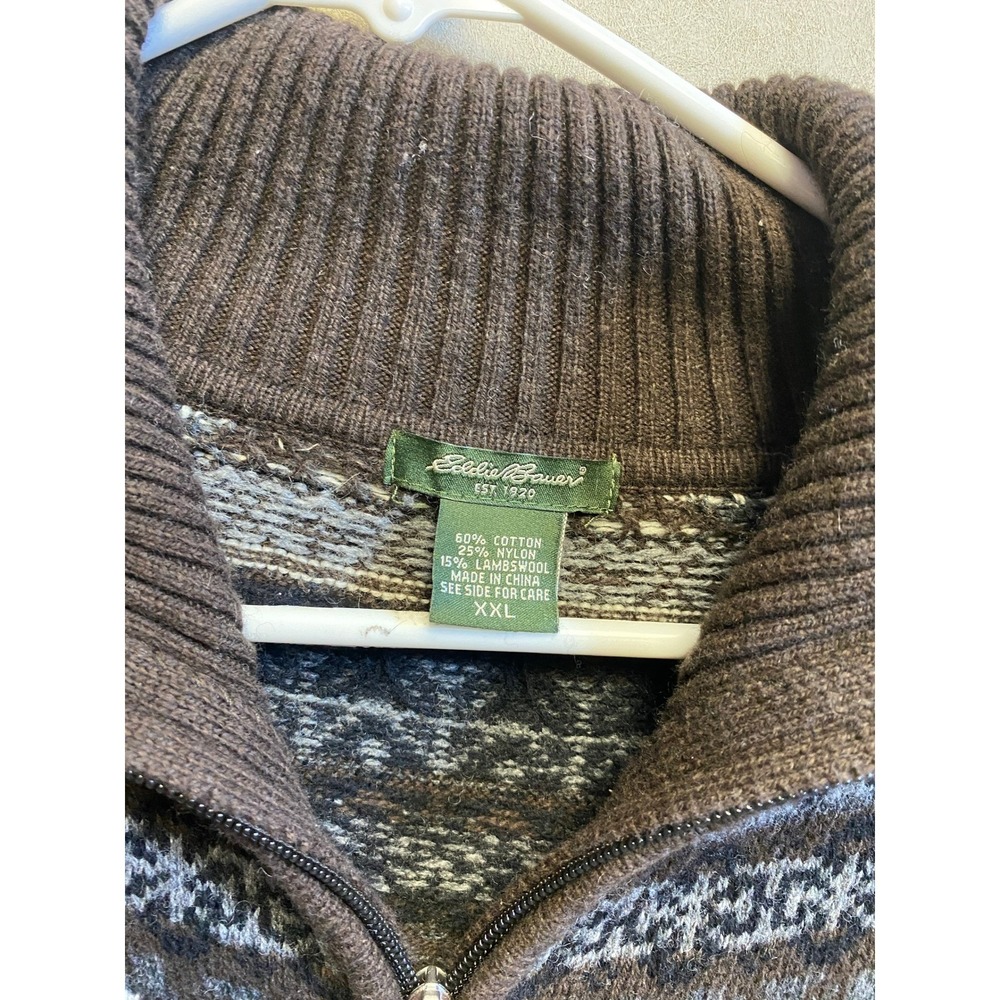 Eddie Bauer Mens XXL Fair Isle Full Zip Cardigan Sweater Brown Lambswool Blend - Picture 3 of 9